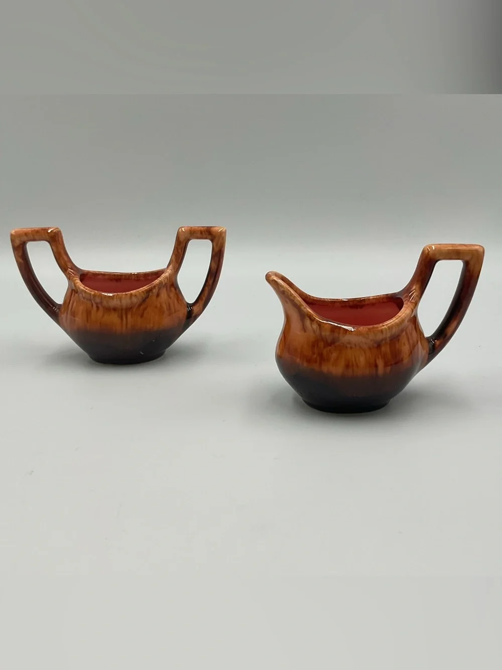 Retro Vintage Brown Drip Glaze Cream & Sugar Set Cat Eyes MCM Signed Pottery